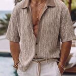 Men’s Taupe Textured Knit Resort Shirt - Image 6