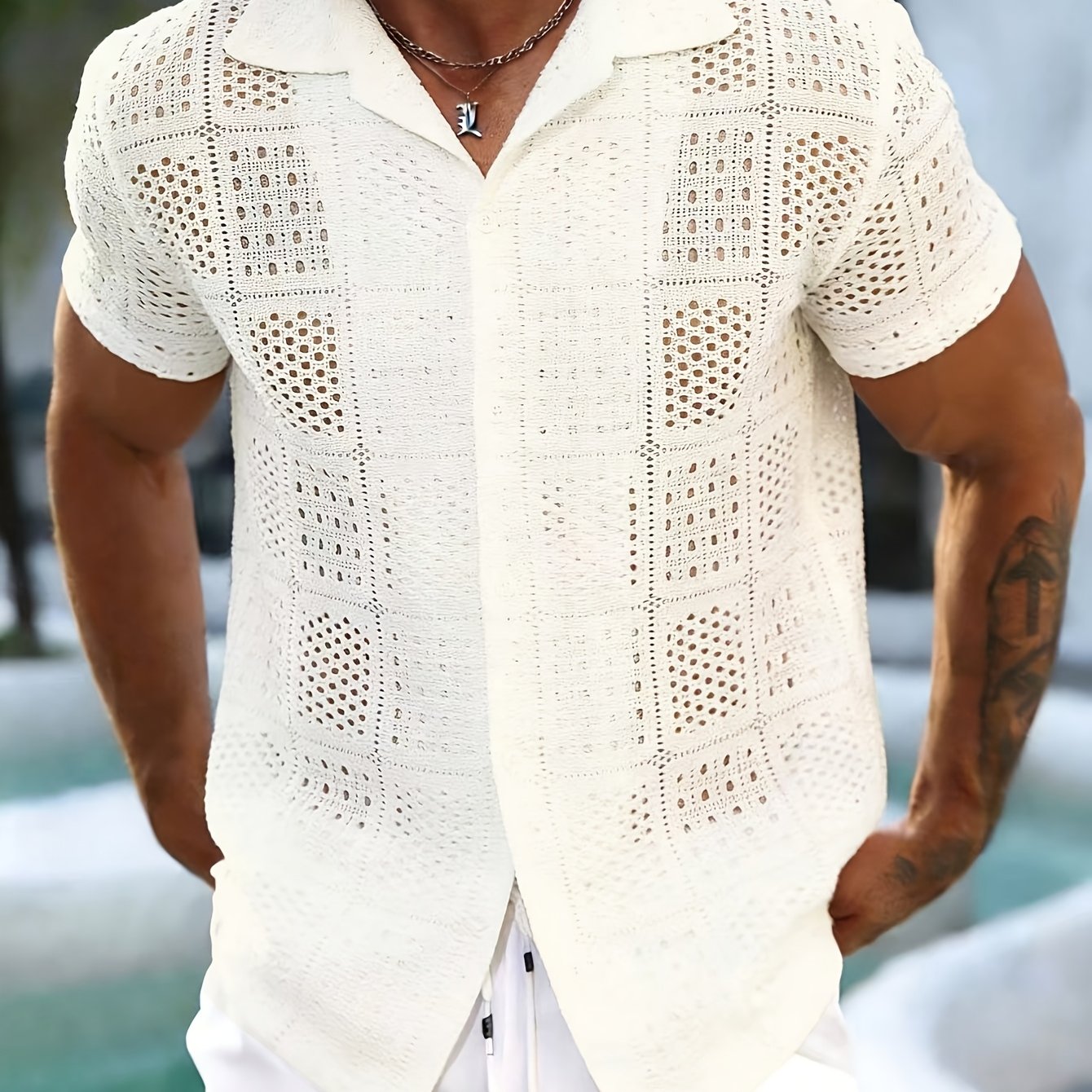 thumbnail-s-a64445f88569b5045a6d58068bb0ba52_f136efc91bc7 Men’s Cream Openwork Cuban-Collar Shirt - Image 1
