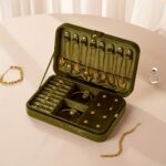 Olive Velvet Travel Jewellery Box with Necklace Storage - Image 4