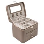 Taupe Genuine Leather Jewellery Box with Mirror & Drawers