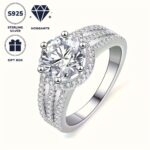 2 ct Moissanite Three-Row Engagement Ring in Platinum-Plated Sterling Silver