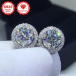 Classic Moissanite Halo Stud Earrings in Rhodium-Plated Sterling Silver - Image 6