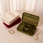 Olive Velvet Travel Jewellery Box with Necklace Storage - Image 3