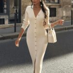 Ribbed V-Neck Midi Dress with Button Detail