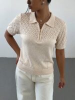 Openwork Viscose Knit Polo Top