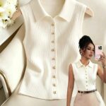 Sleeveless Ribbed Polo Knit with Gold Buttons