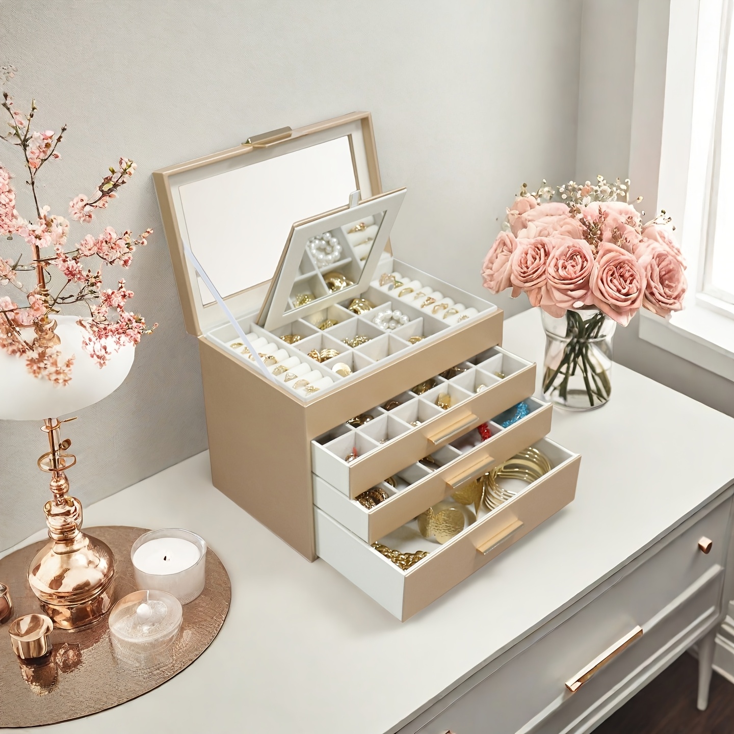 product-fancy-bb2b2687-baee-49a9-b757-153f5a5bc98d Cream Faux-Leather Jewellery Box with Mirror, Display Lid & 3 Drawers - Image 1
