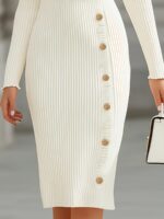 Ribbed Viscose-Blend Midi Dress with Gold Button Detail - Image 4