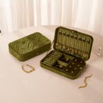 Olive Velvet Travel Jewellery Box with Necklace Storage