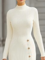 Ribbed Viscose-Blend Midi Dress with Gold Button Detail - Image 3
