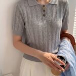 Openwork Viscose Knit Polo Top