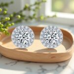 Classic Moissanite Halo Stud Earrings in Rhodium-Plated Sterling Silver - Image 4