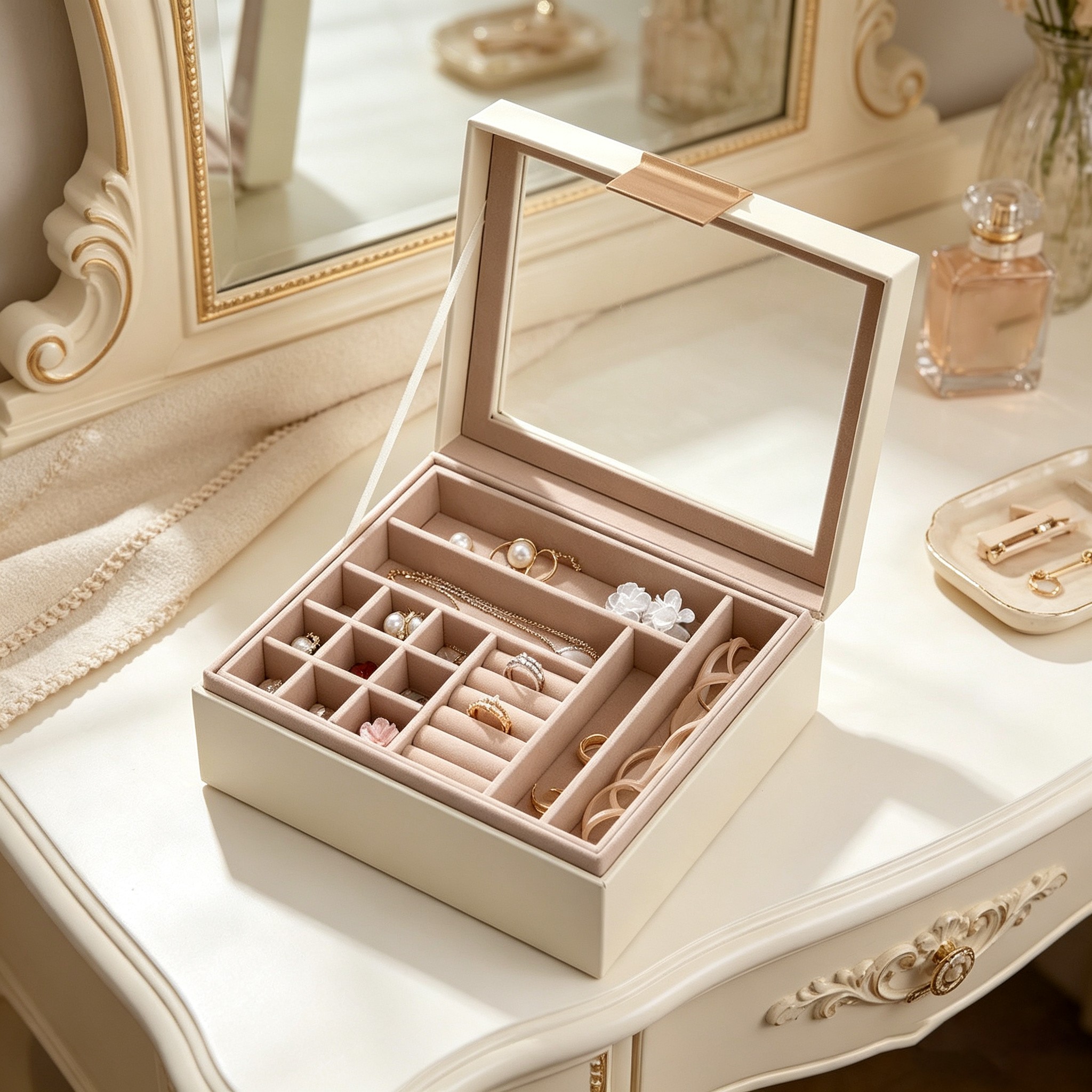 product-open-0544991a681a46c68278ab1cb74d4868-goods Cream Double-Layer Jewellery Box with Mirror & Necklace Storage - Image 1