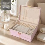 Blush Pink Quilted Jewellery Box with Lock, Drawer & Storage Bags - Image 3