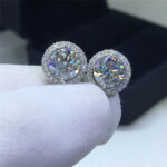 Classic Moissanite Halo Stud Earrings in Rhodium-Plated Sterling Silver