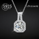 Princess-Cut Moissanite Halo Pendant Necklace in Platinum-Plated Sterling Silver