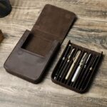 1 Handmade Cowhide Pen Case- Premium Vintage Leather Storage Box, Suitable for Business Men and Women, Office and Pen Organizer, Holds 6 Wearable Pen Holders, Ideal for Gifting