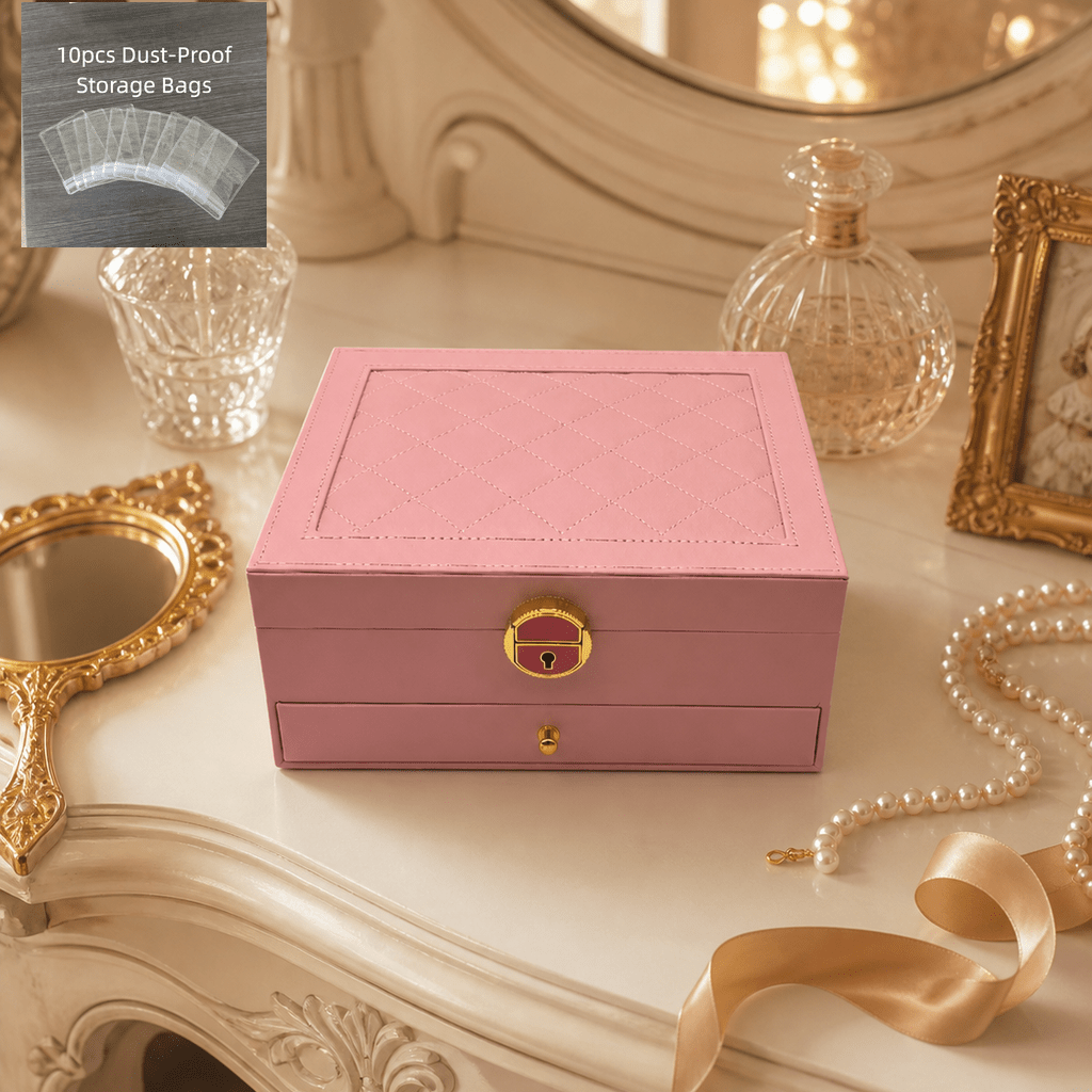 product-open-b1f45f5ef4ac461199753f3f3a8f9d76-goods Blush Pink Quilted Jewellery Box with Lock, Drawer & Storage Bags - Image 1