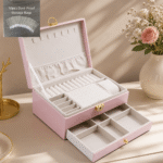 Blush Pink Quilted Jewellery Box with Lock, Drawer & Storage Bags - Image 4