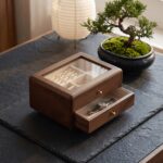 Walnut-Tone Wooden Jewellery Box — Glass Display Top & Two Drawers - Image 5