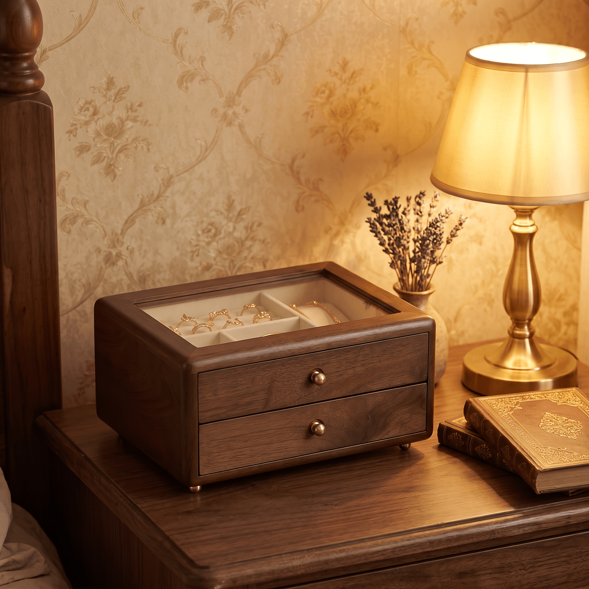 product-fancy-7ad91bbc-2a6c-4951-952f-2412e654313e Walnut-Tone Wooden Jewellery Box — Glass Display Top & Two Drawers - Image 1