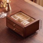 Walnut-Tone Wooden Jewellery Box — Glass Display Top & Two Drawers - Image 3