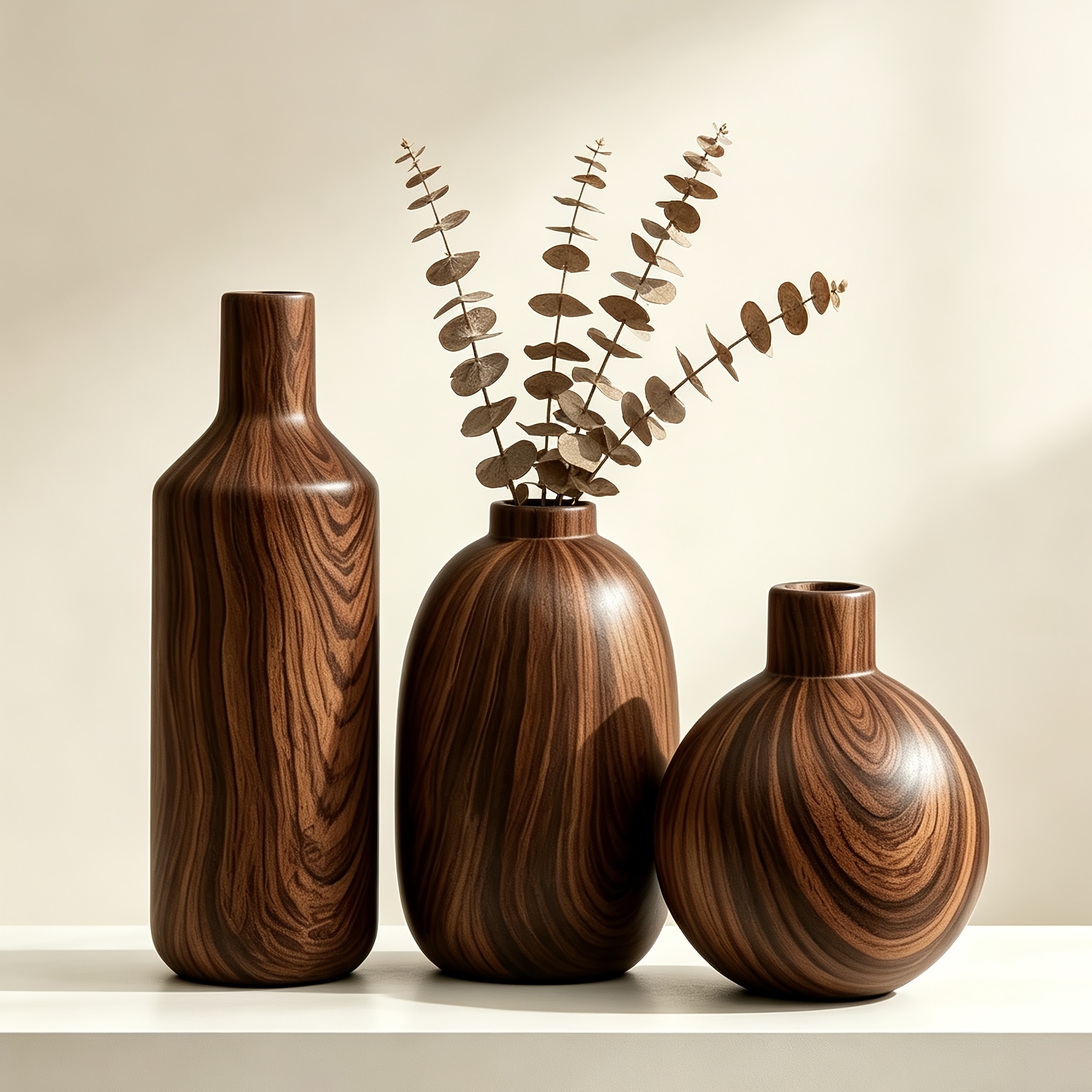 product-fancy-8edec969-9d6f-42d6-9335-598170a8c3bd Three-Piece Ceramic Vase Set — Walnut Wood-Grain Finish - Image 1