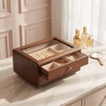 Walnut-Tone Wooden Jewellery Box — Glass Display Top & Two Drawers - Image 7