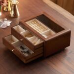 Walnut-Tone Wooden Jewellery Box — Glass Display Top & Two Drawers - Image 4