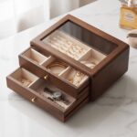 Walnut-Tone Wooden Jewellery Box — Glass Display Top & Two Drawers - Image 6
